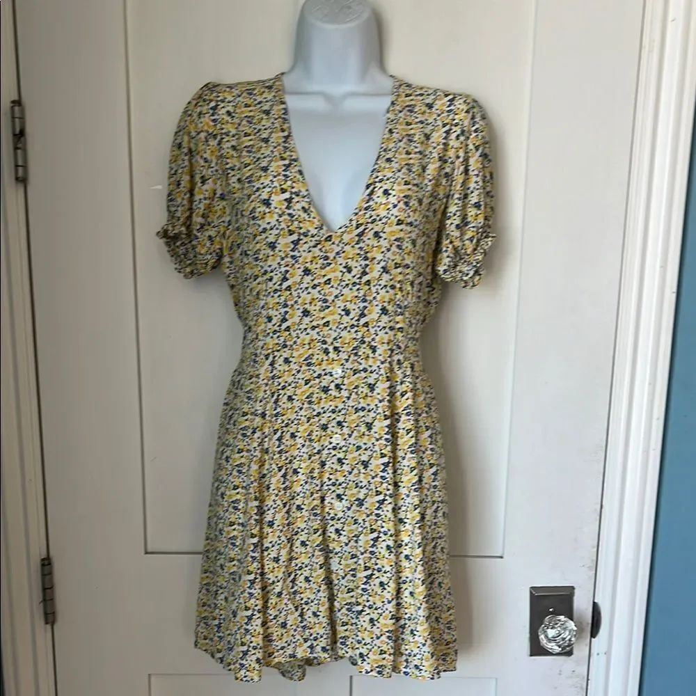 Faithfull The Brand Rafhaela Aurelia Floral V-Neck Yellow Blue Spring Dress sz S